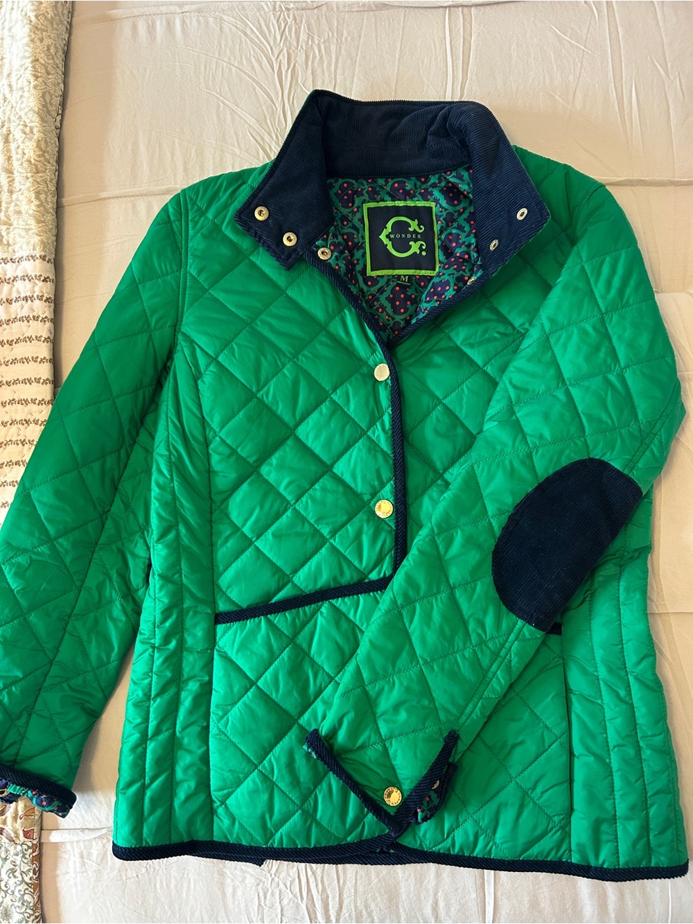 C. Wonder Quilted Emerald Green Puffer with Navy Trim